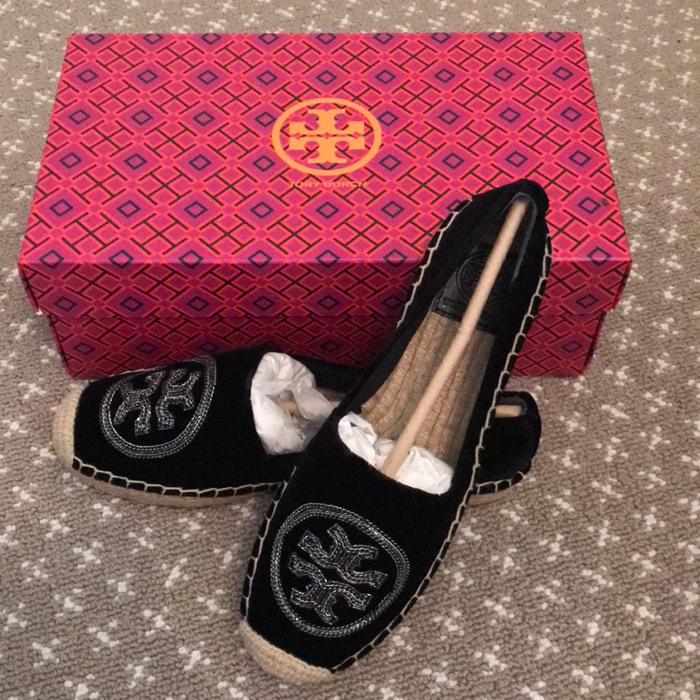 Tory Burch Velvet Logo-Chain Espadrille Flat